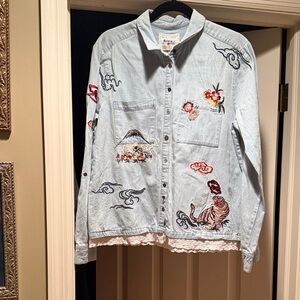 Anthropologie Holding HorsesEmbroidered Denim Shirt with Tiger and Floral Design